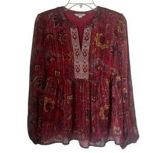 Frye and Co. Floral Multicolor Bossa Nova Bohemian Sheer Metallic Blouse Sz L